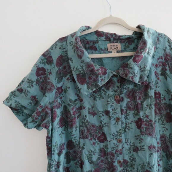 FLAX 100% Linen Floral Gauzy Shirt Dress Lagenlook Feminine Boho - Size L - Picture 4 of 15
